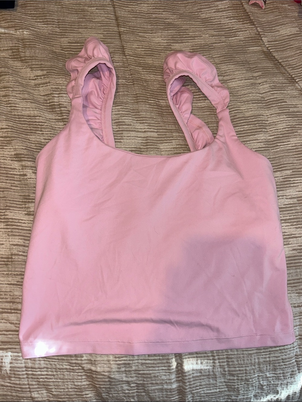 Athletic Ruffled Strap Pink Crop Tank Top